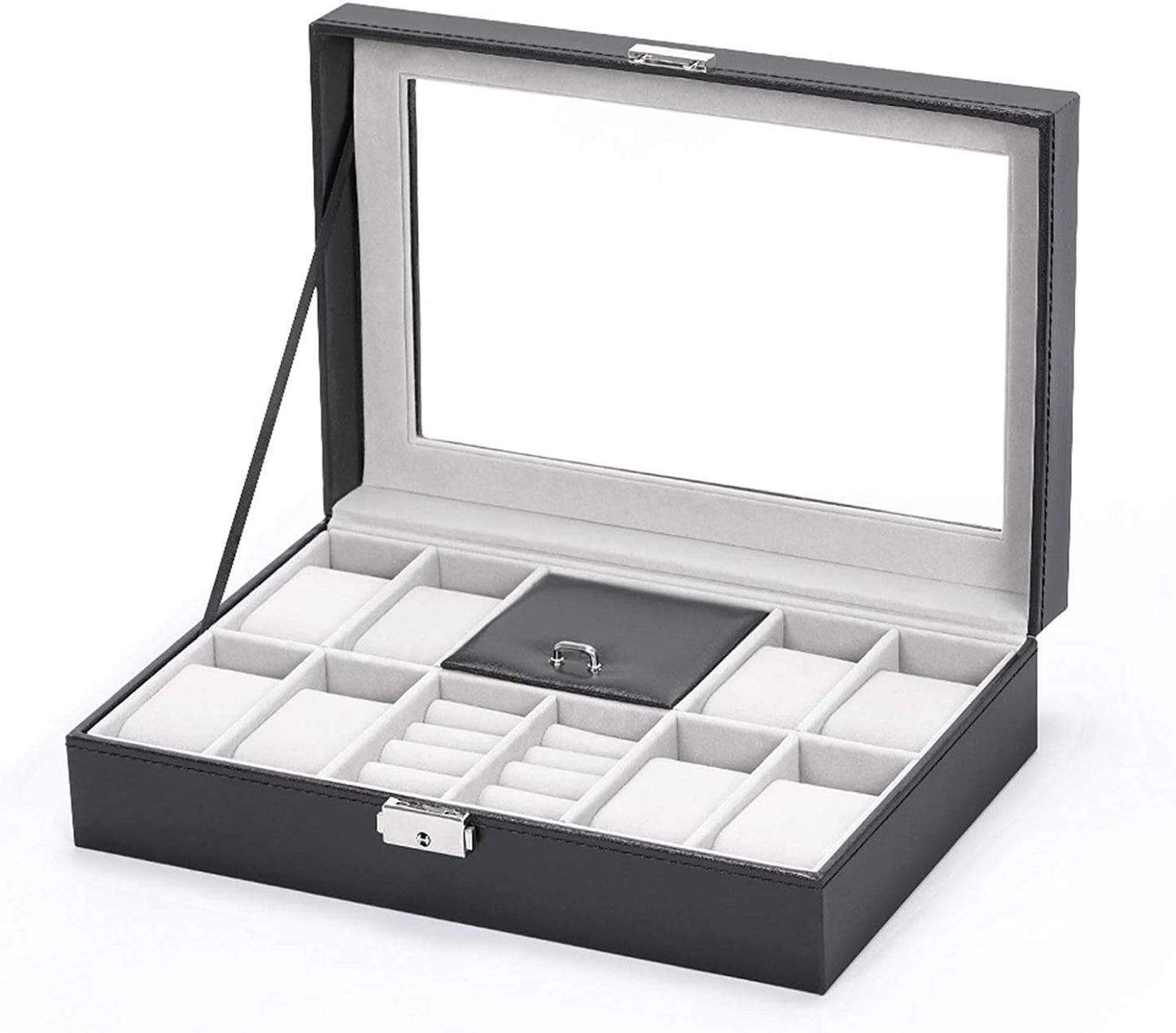 Watch Box, 8 Slots Lockable Leather Watch Case Organizer with Ring Storage for Women Men, Black