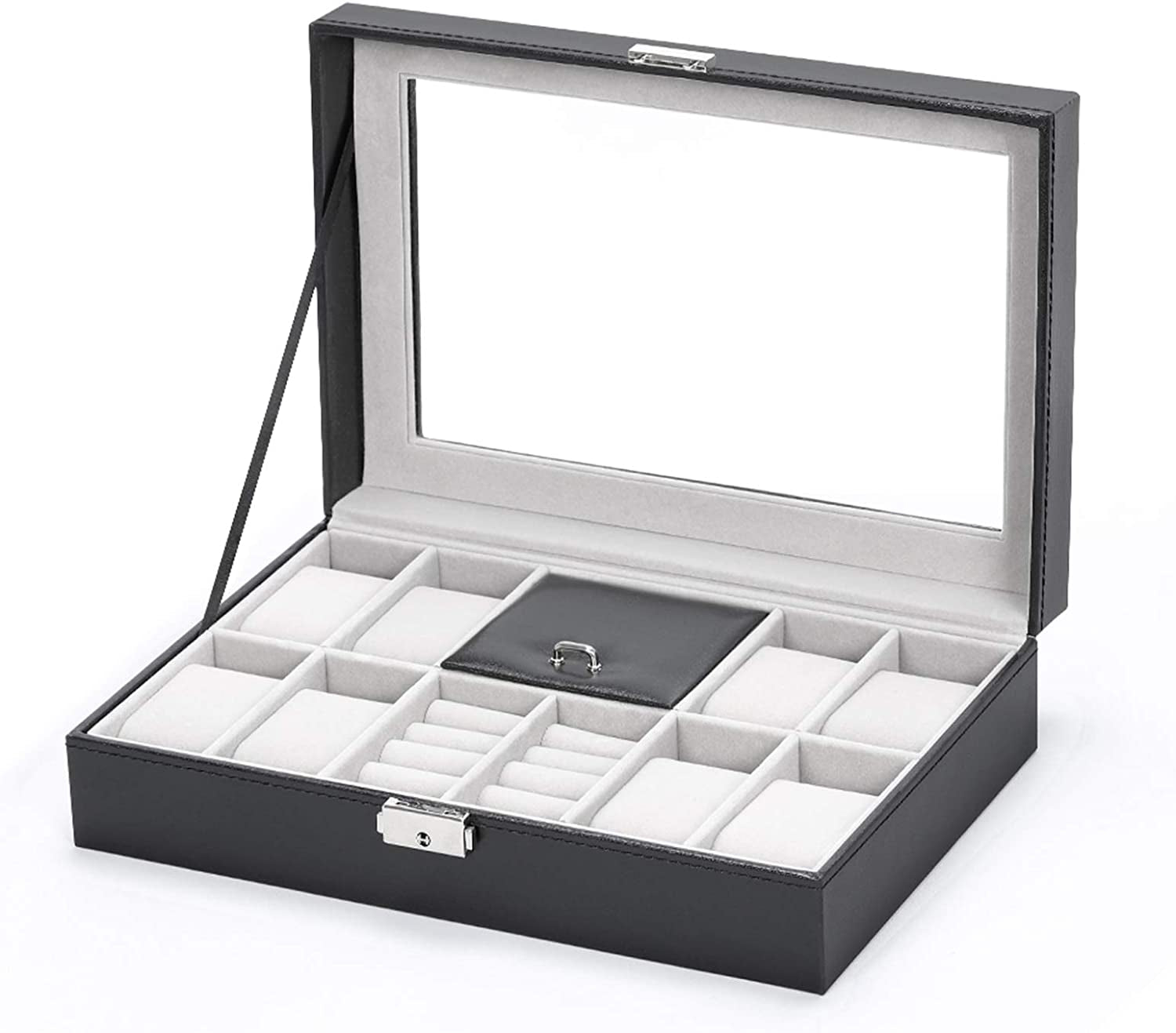 Watch Box, 8 Slots Lockable Leather Watch Case Organizer with Ring Storage for Women Men, Black