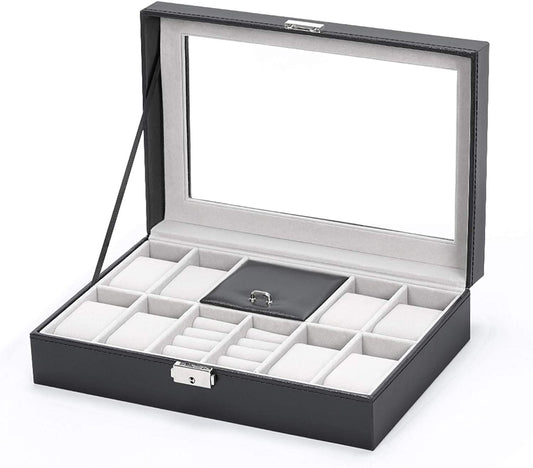 Watch Box, 8 Slots Lockable Leather Watch Case Organizer with Ring Storage for Women Men, Black