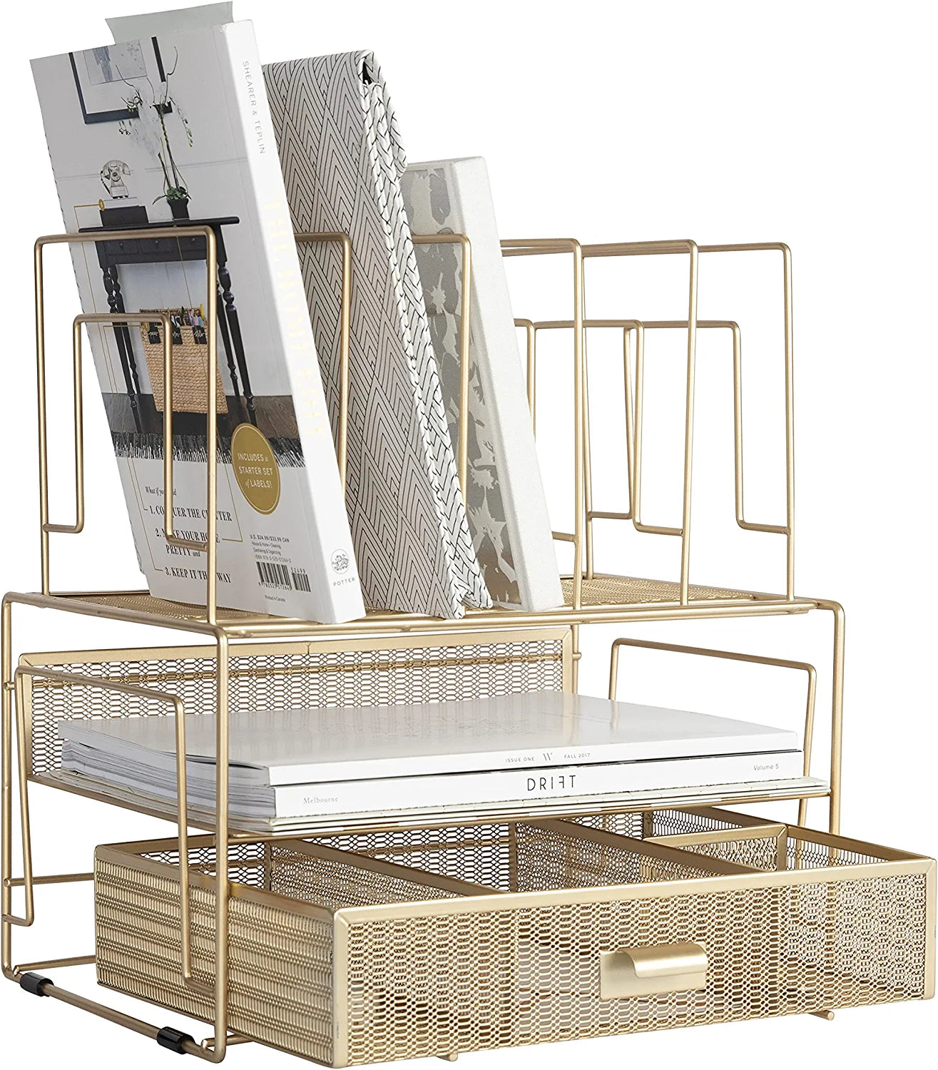 Gold Desk Accessories and Workspace Organizers, Desktop Organizer - Cute File Organizer for Desk and Drawer Storage for Office Supplies, Paper, Device and Folders - File Holder