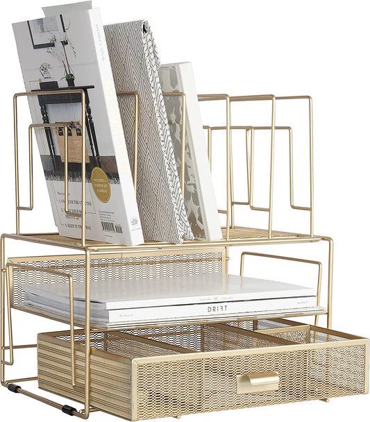 Gold Desk Accessories and Workspace Organizers, Desktop Organizer - Cute File Organizer for Desk and Drawer Storage for Office Supplies, Paper, Device and Folders - File Holder