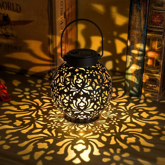 EXCMARK 2 Pack Outdoor Solar Hanging Lantern Lights Metal LED Decorative Light for Garden Patio Courtyard Lawn and Tabletop with Hollowed-Out Design. 2 Color Options Black and Bronze.