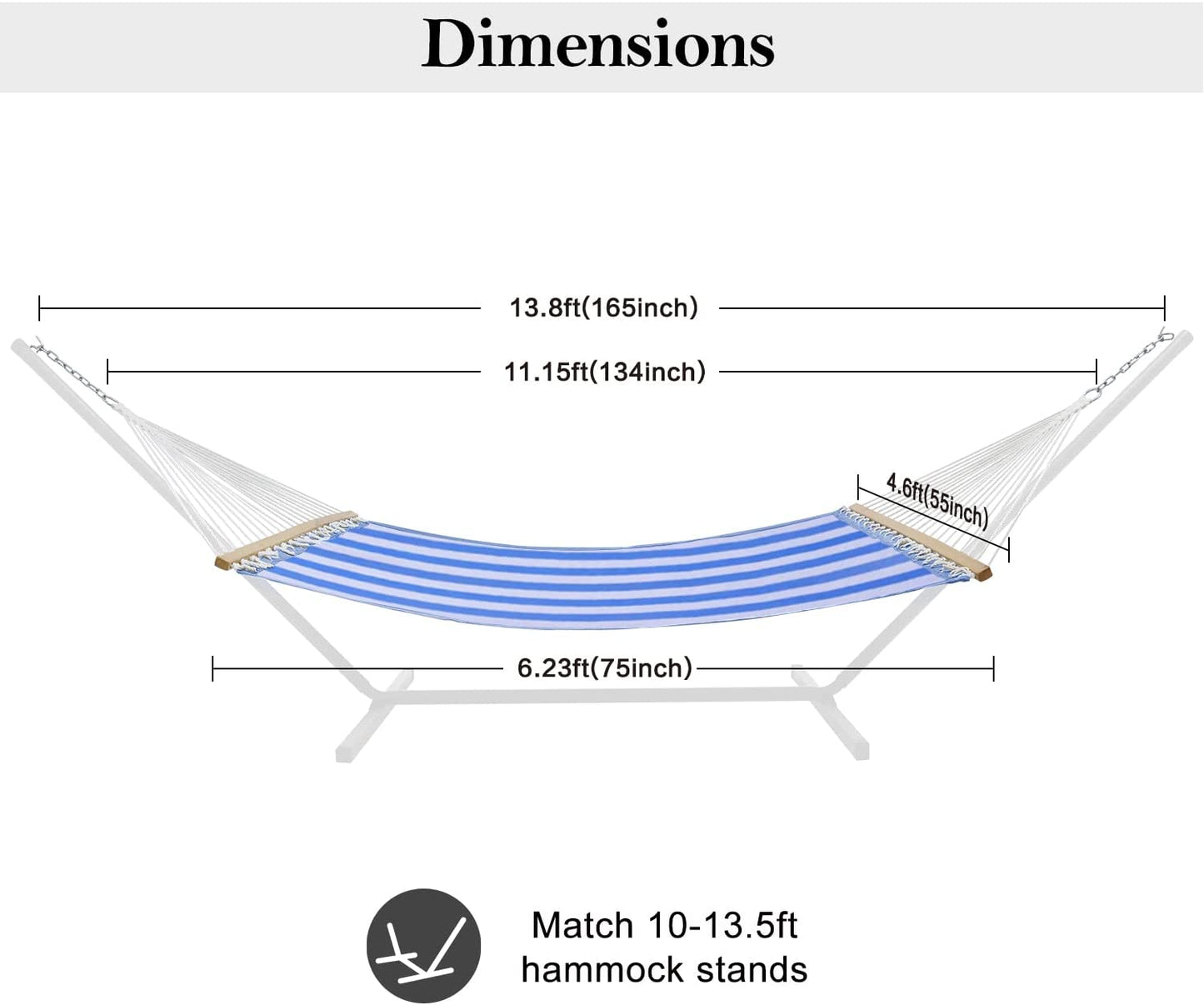 14 FT Quick Dry Hammock with Double Size Solid Wood Spreader Bar Outdoor Patio Yard Poolside Beach Hammock with Chains, Waterproof and UV Resistance, 2 Person 450 Pound Capacity