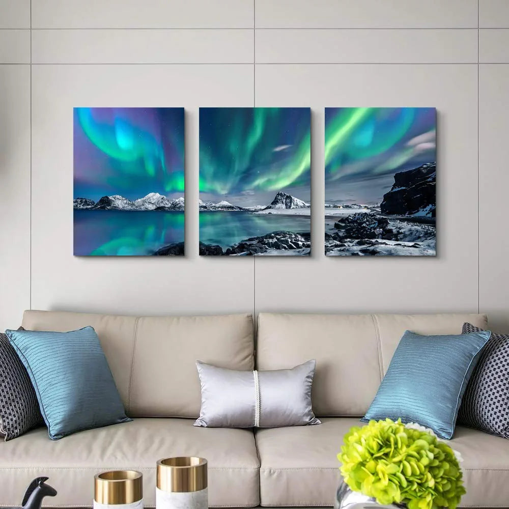 Farmhouse Wall Art Aurora Scenery Painting on Canvas Wall Decorations for Living Room Stretched and Framed Canvas Paintings 3 Piece Bedroom Bathroom Wall Decor Ready to Hang for Office Home Decor Art