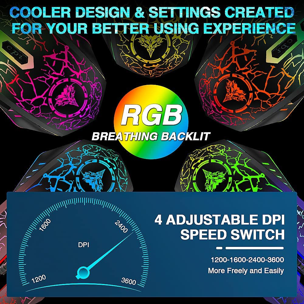 BENGOO Gaming Mouse Wired, USB Optical Computer Mice with RGB Backlit, 4 Adjustable DPI up to 3600, Ergonomic Gamer Laptop PC Mouse with 6 Programmable Buttons for Windows 7/8/10/XP Vista Linux -Black