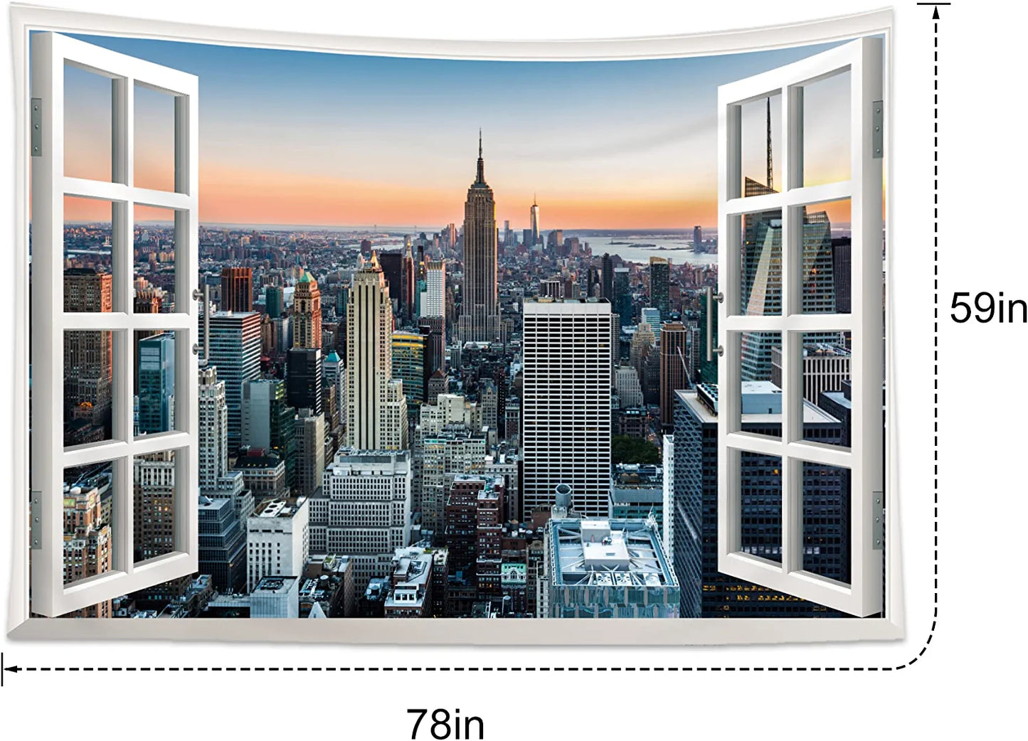 New York Window Tapestry 59Hx78W Inch Skyline City Cityscape Landscape Large Wall Hanging Bedroom Men Poster Backdrop Sunset Building Business Center Window Wall Art Living Room Dorm Decor Fabric