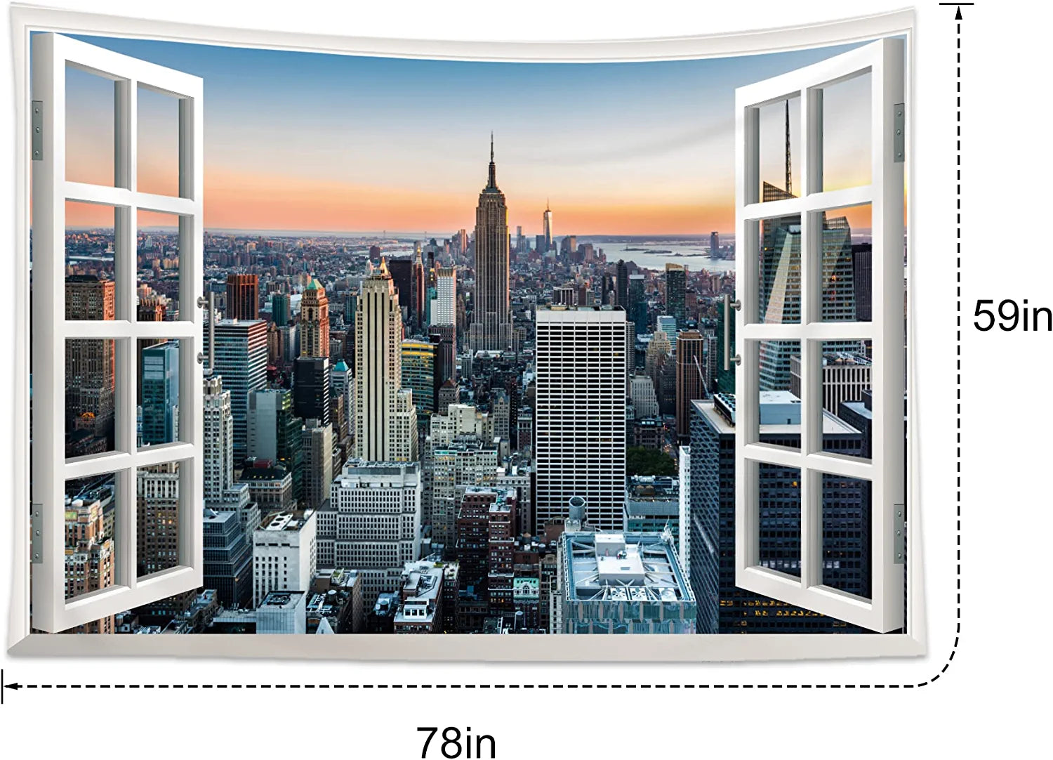 New York Window Tapestry 59Hx78W Inch Skyline City Cityscape Landscape Large Wall Hanging Bedroom Men Poster Backdrop Sunset Building Business Center Window Wall Art Living Room Dorm Decor Fabric