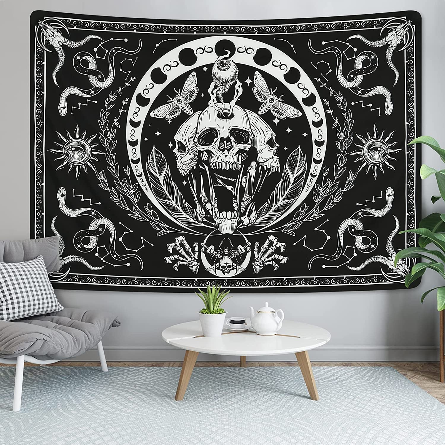Skull Tapestry Black and White Tapestries Snake Tapestry Moth Tapestry Trippy Skeleton Tapestry Mandala Moon Phase Tapestry Wall Hanging for Room(51.2 X 59.1 Inches)