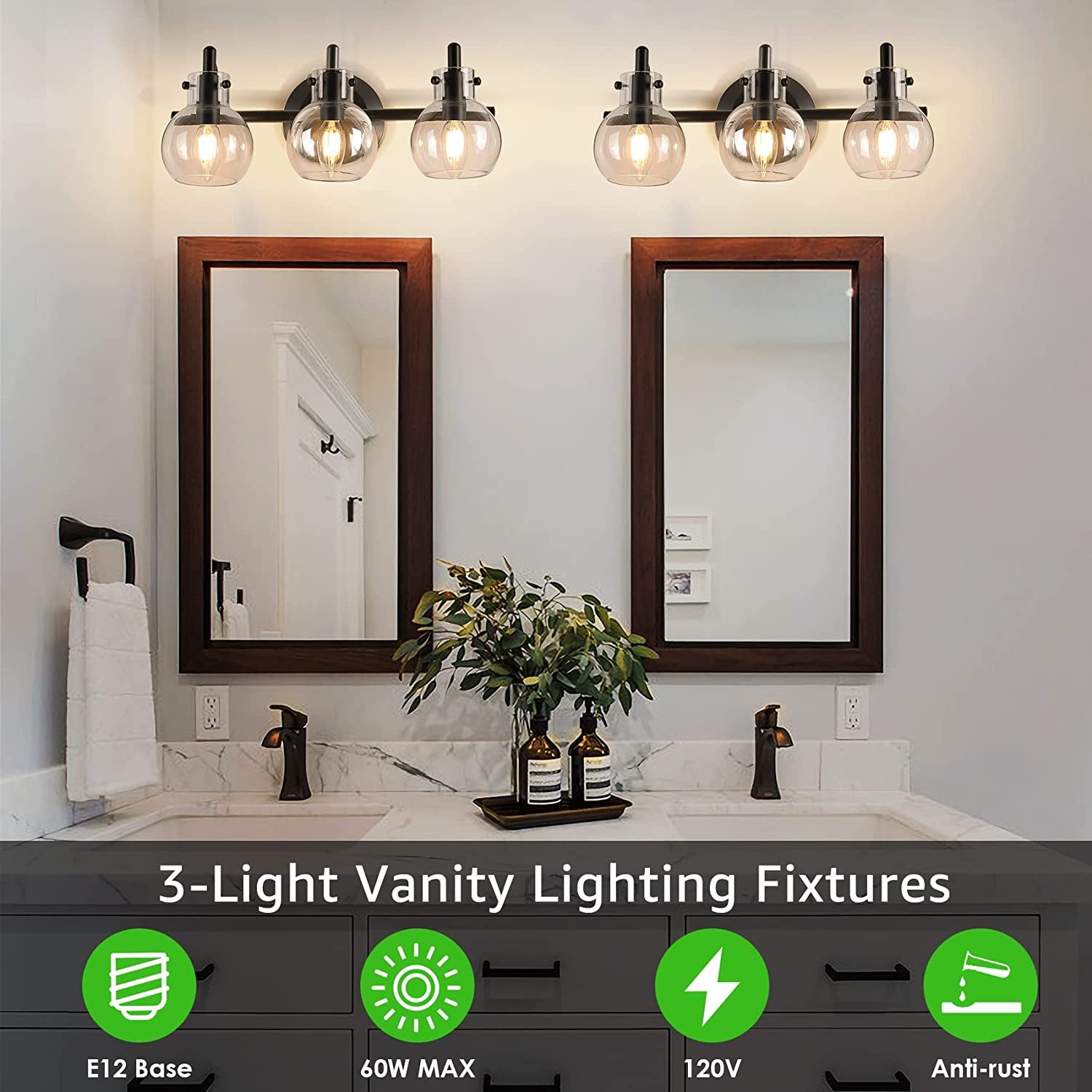Bathroom Vanity Light Fixtures, Modern 3 Lights Wall Sconce Lighting Matte Black, Farmhouse Metal Wall Lamp with Globe Glass Shade, Porch Wall Mount Light Fixture for Mirror Cabinets Hallway Stairs