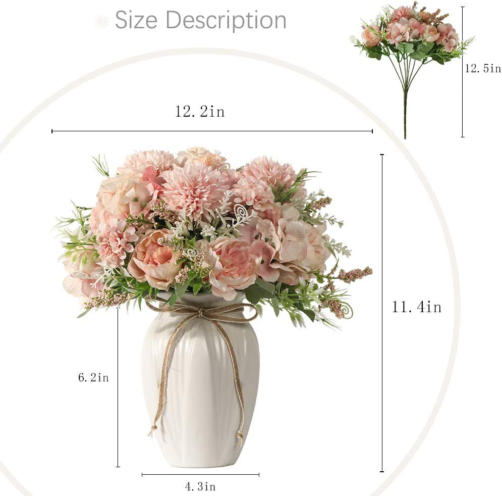 Peonies Artificial Flowers in Vase, Fake Hydrangea Silk Peony Flower Bouquet with Vase Faux Flowers Arrangement Decor Home Table Dining Room (Pink)
