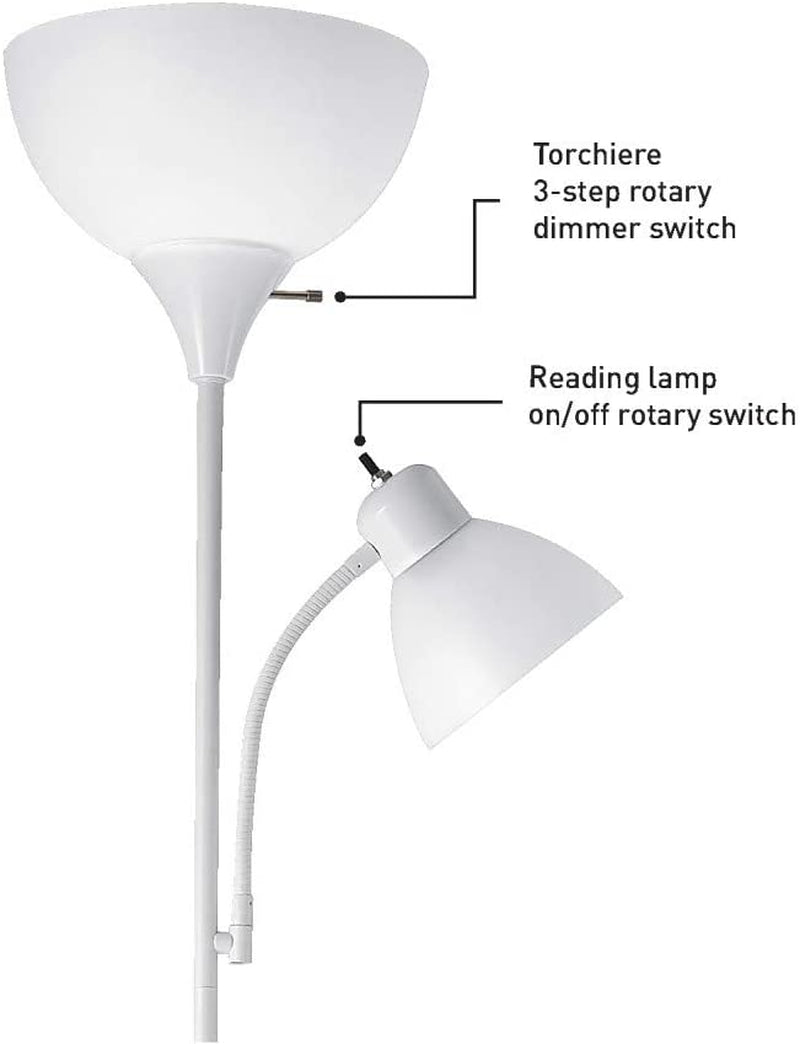 67136 72" Torchiere Floor Lamp + Adjustable Reading Light, Matte White, Frosted Plastic Shade, 3-Step Rotary Switch on Floor Lamp Socket, Home Improvement, Home Office Accessories