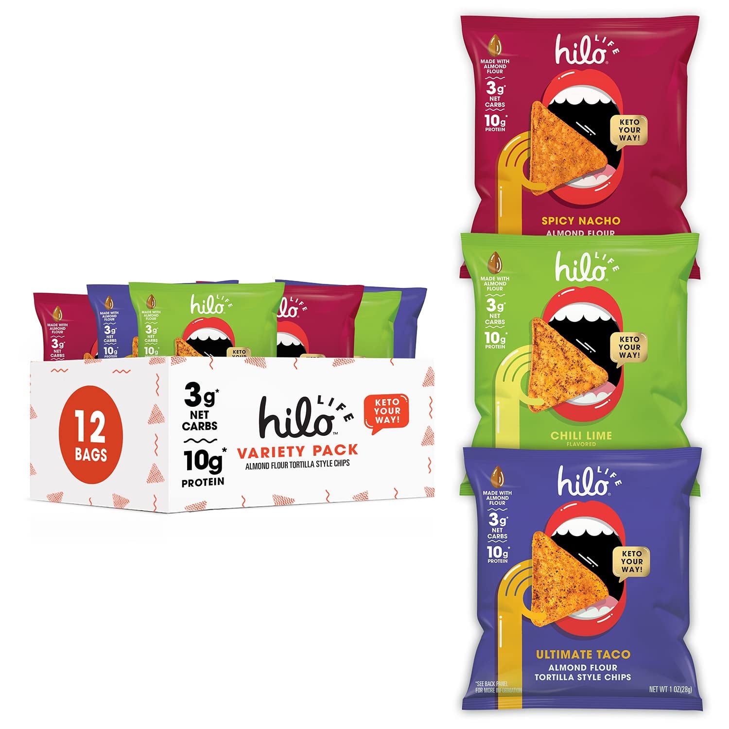 Low Carb Keto Friendly Tortilla Chip Snack Bags, Bold Variety Pack, 12 Count