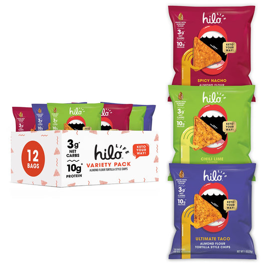 Low Carb Keto Friendly Tortilla Chip Snack Bags, Bold Variety Pack, 12 Count