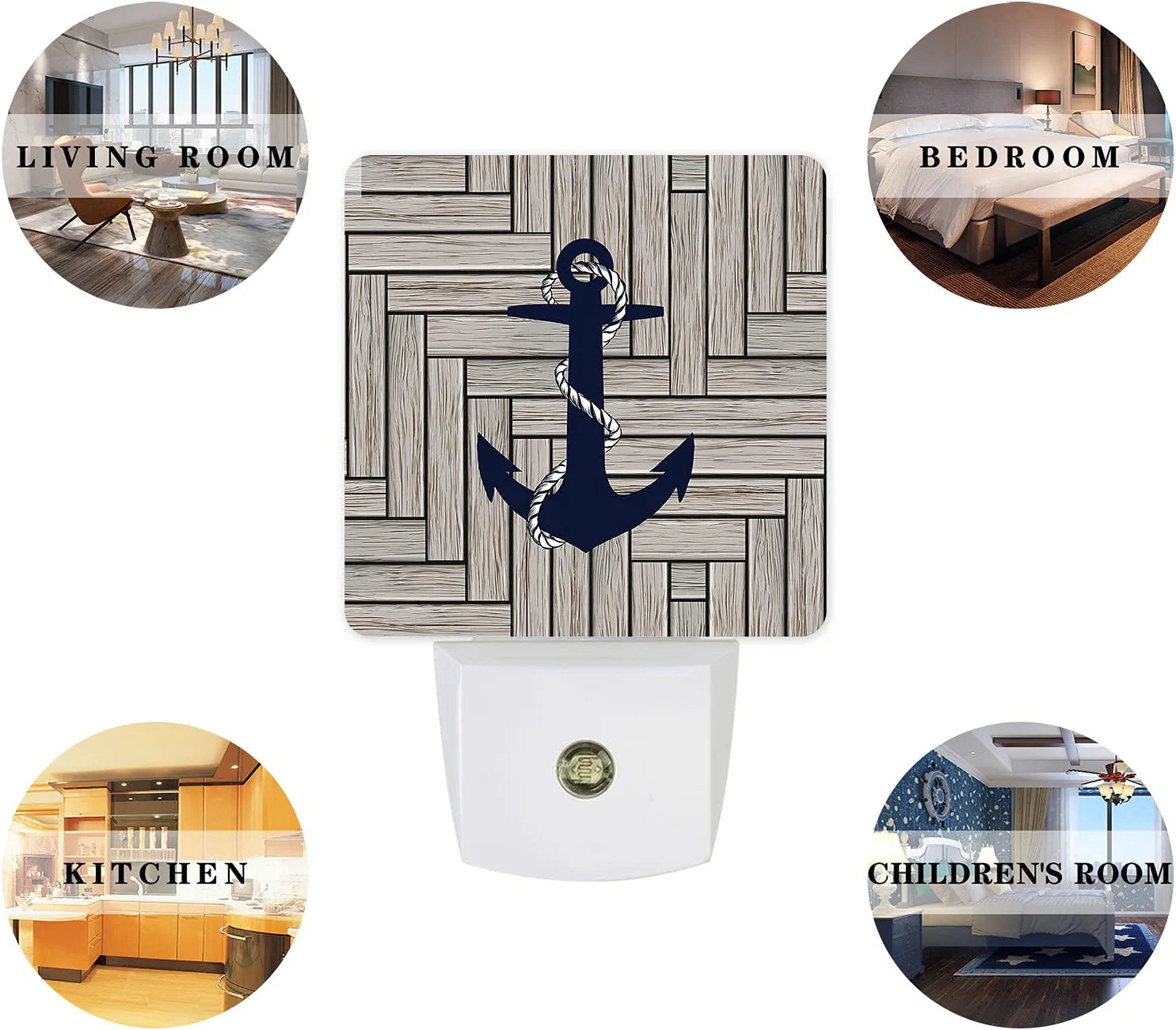 LED Plug-In Night Light Auto Dusk to Dawn Sensor Decor Nautical Navy Blue Anchor Lamp for Bedroom,Bathroom,Kitchen,Hallway,Stairs,Hallway Retro Wooden Texture