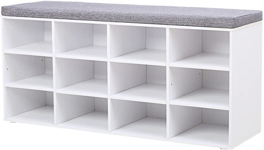 Shoe Storage Bench with Cushion, Cubby Shoe Rack with 12 Cubbies, Adjustable Shelves, Multifunctional Shoe Organizer Bench for Entryway, Mudroom, Hallway, Closet and Garage, White