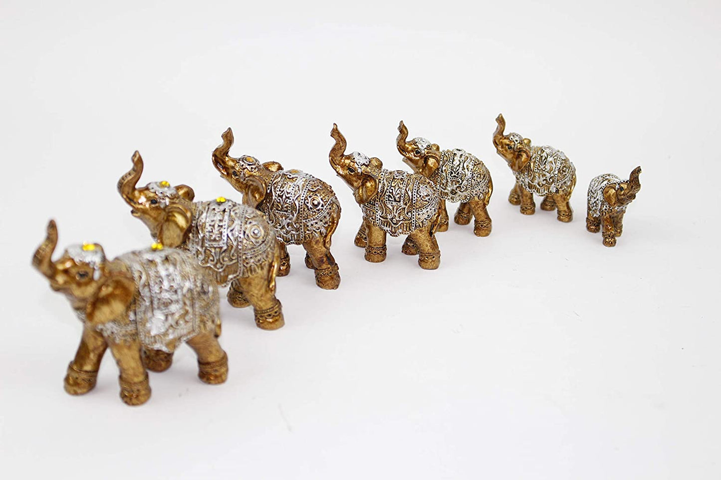 Set of 7 Lovely Lucky Elephants Statues Feng Shui Figurine Home Decor Housewarming Birthday Display Stands (Brass)