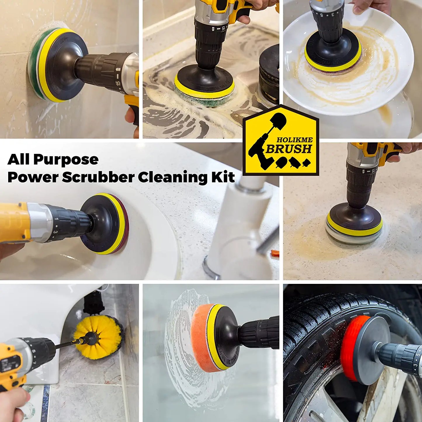 4Pack Drill Brush Power Scrubber Cleaning Brush Extended Long Attachment Set All Purpose Drill Scrub Brushes Kit for Grout, Floor, Tub, Shower, Tile, Bathroom and Kitchen Surface，Yellow