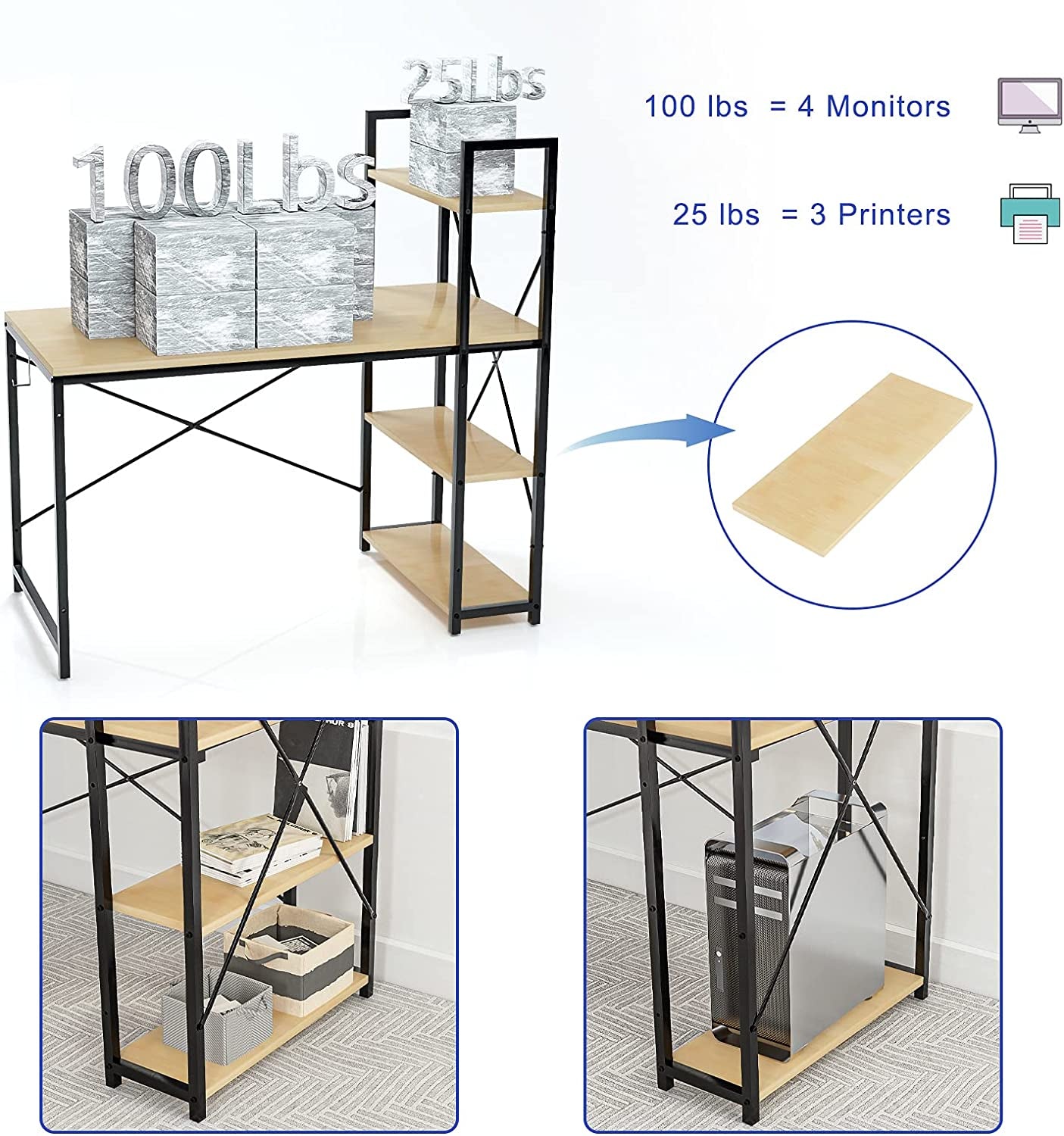 Computer Desk with Shelves Storage 47 INCH Study Writing Desk for Home Office Desks,Modern Simple Style Steel Frame Wood for PC Table with Bookshelfs