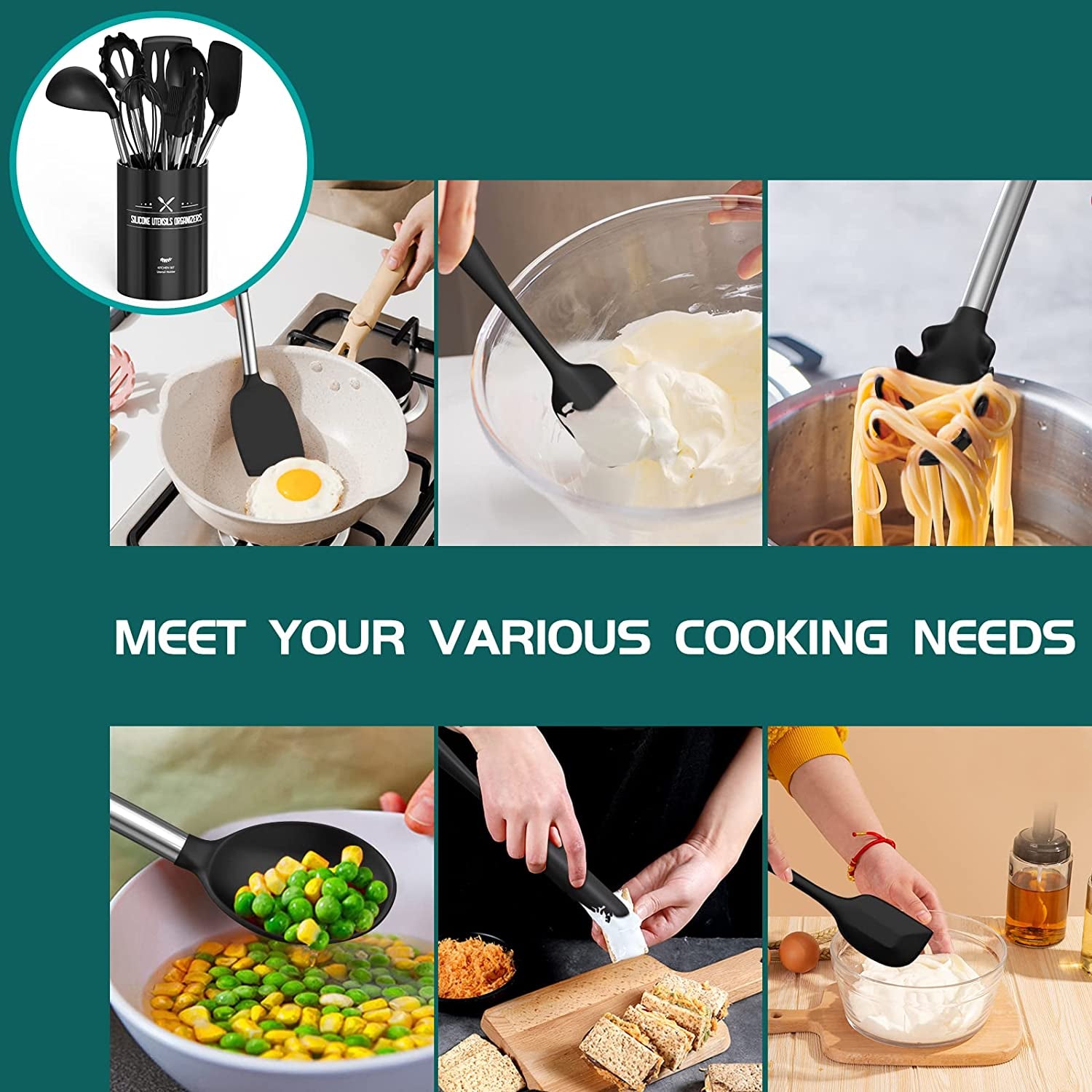 Silicone Cooking Utensil Set,  15Pcs Silicone Cooking Kitchen Utensils Set, Non-Stic - Best Kitchen Cookware with Stainless Steel Handle - Black