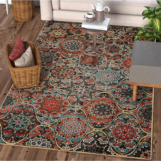 Oriental Mandala Area Rug 3X5 Faux Wool Brown Tribal Traditional Kitchen Rug Rubber Backed Vintage Moroccan Trellis Accent Throw Rugs for Bedroom Living Room Entryway (3X5, Brown)