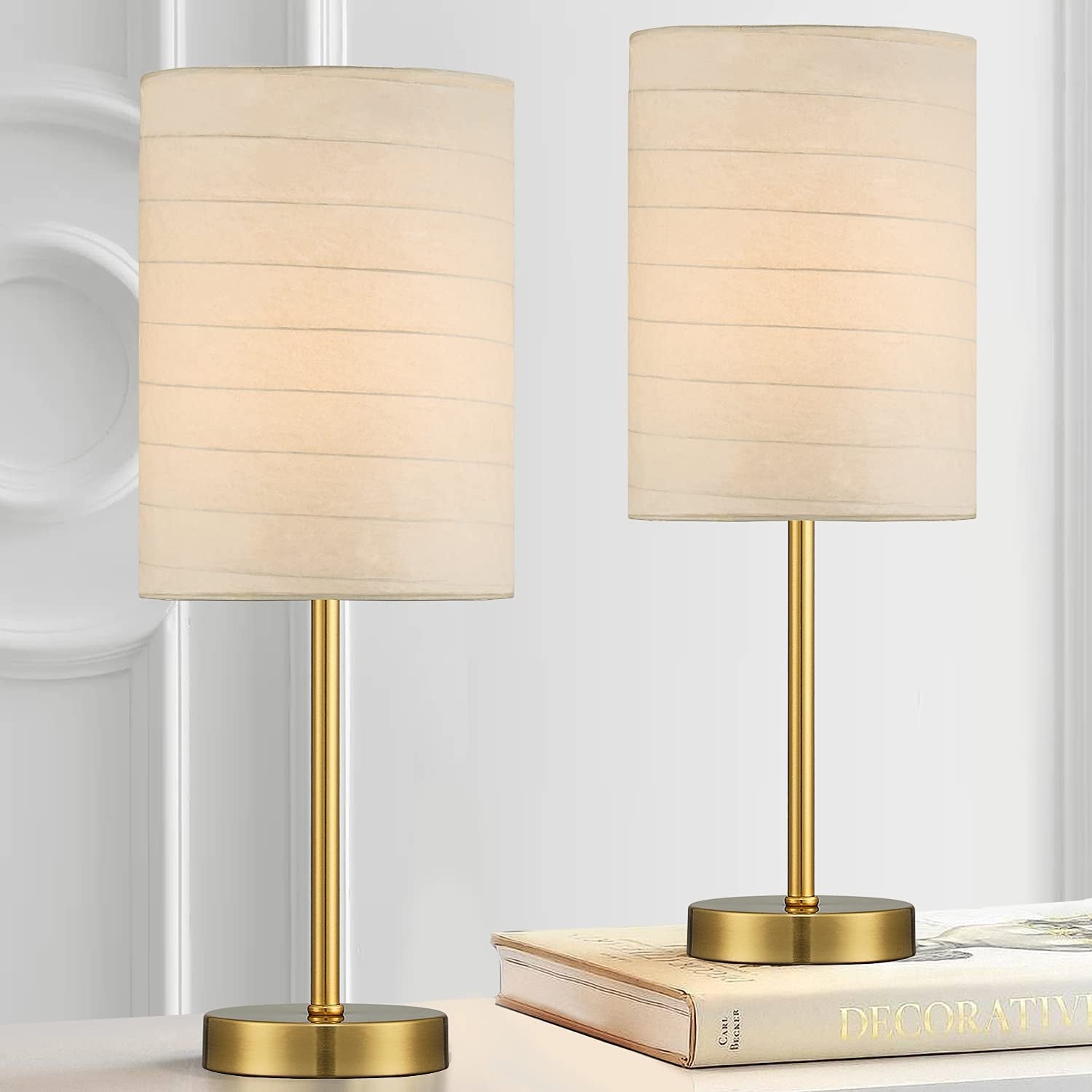 PORTRES 18.75'' Traditonal Accent Table Lamp Set of 2 for Bedroom Desk Lamps for Living Room Kids Room Study Room Office Rustic Decor Nightstand Rice Paper Lamps (Gold)