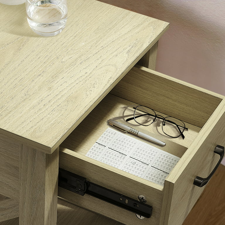 Benton Park Farmhouse X-Design End Table with Storage Drawer, Warm Oak
