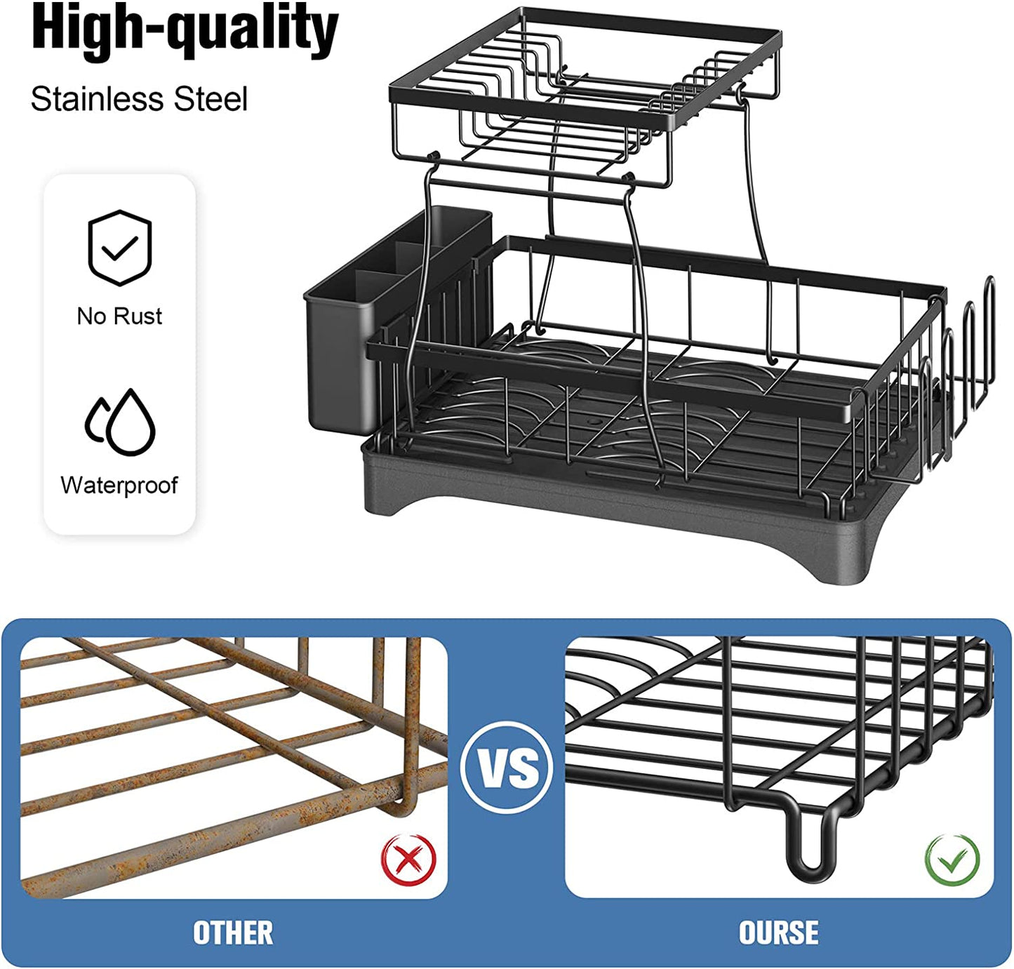2 Tier Dish Drying Rack for Kitchen Counter, Black Metal Dish Drainers Rack with Drainboard, Large Dish Dryer with Detachable Cup Rack and Utensil Holder