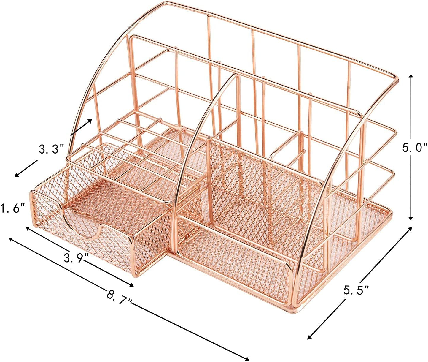 Desk Organizer for Women,Cute Mesh Office Supplies Accessories Essentials Caddy with 5 Compartments+1 Mini Sliding Drawer for Home & Office Desktop Organization & Decor, Rose Gold