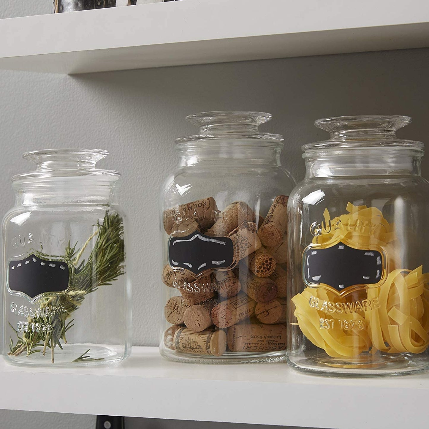 Glass Canister Set for Kitchen or Bathroom with Airtight Lid and Chalkboard Labels, Apothecary Glass Food Storage Jars - Set of 3 Cookie Jars, Candy, Coffee, Flour, Sugar, Rice, Pasta, Cereal & More, Clear Storage Containers!
