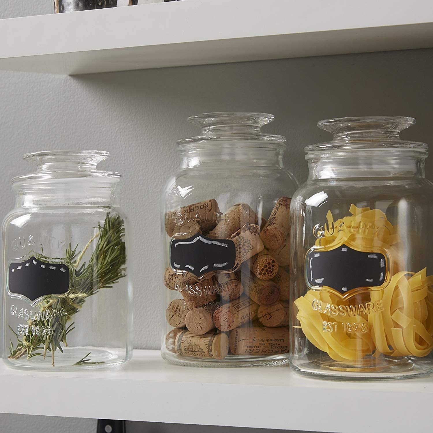 Glass Canister Set for Kitchen or Bathroom with Airtight Lid and Chalkboard Labels, Apothecary Glass Food Storage Jars - Set of 3 Cookie Jars, Candy, Coffee, Flour, Sugar, Rice, Pasta, Cereal & More, Clear Storage Containers!