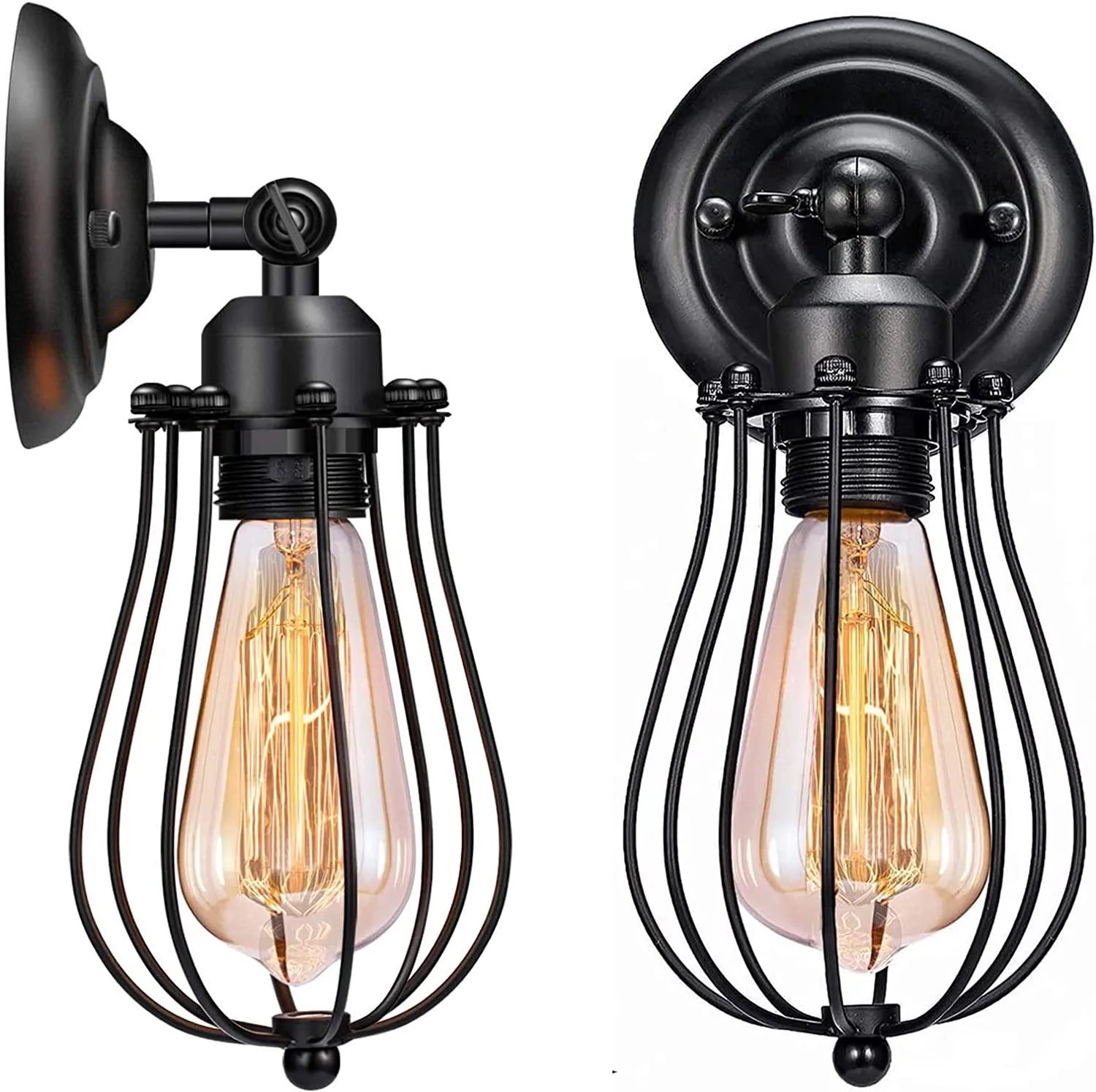Wall Sconces Set of Two, Adjustable Industrial Balck Wall Sconces Lighting, Vintage Wire Cage Wall Mount Light Fixtures for Bedroom Garage Porch Dresser