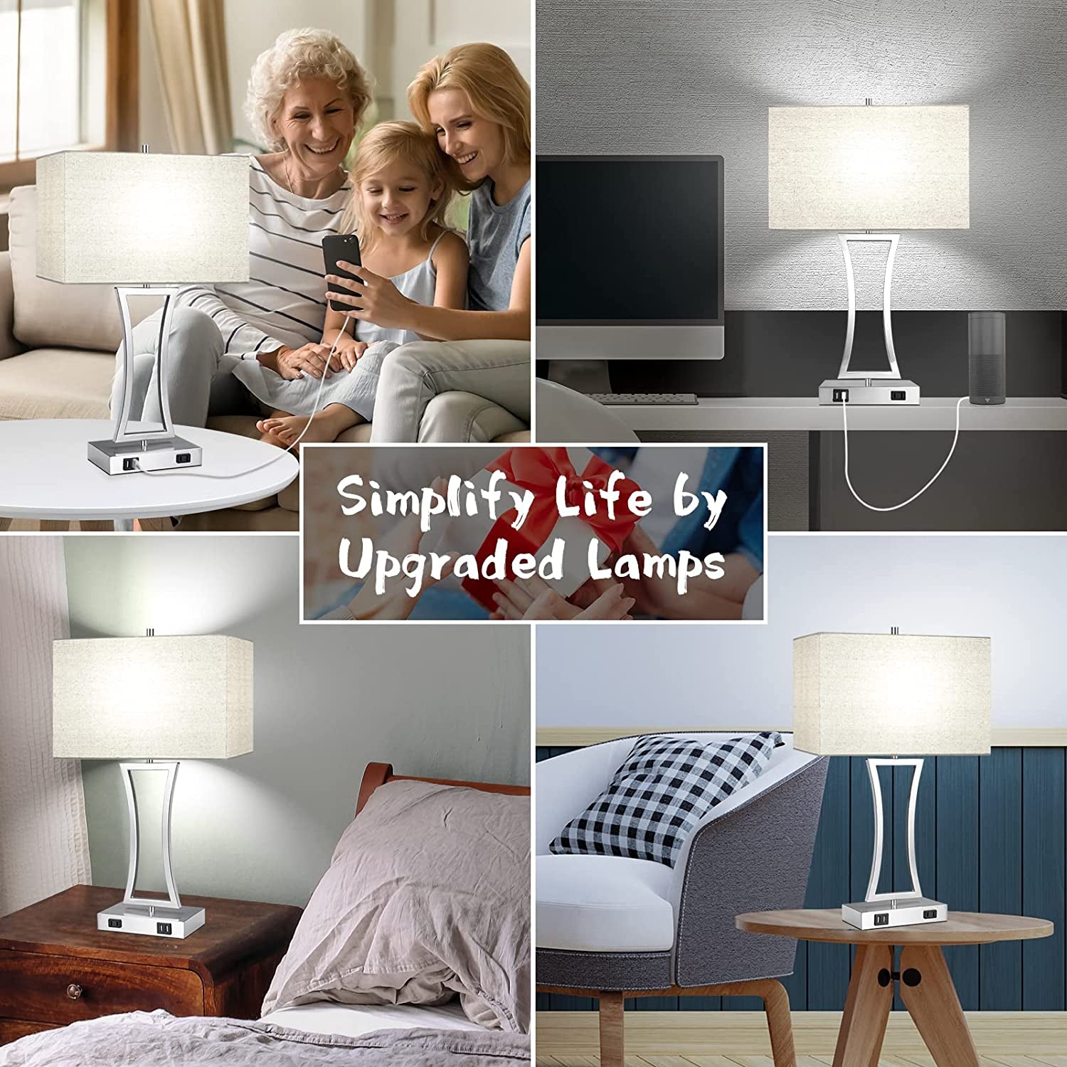 Set of 2 Touch Control 3-Way Dimmable Table Lamp, Nightstand Lamp with USB Port AC Outlet Bedside Nightstand Lamp for Living Room, 22In, Cream Shade, Daylight White Bulbs Included