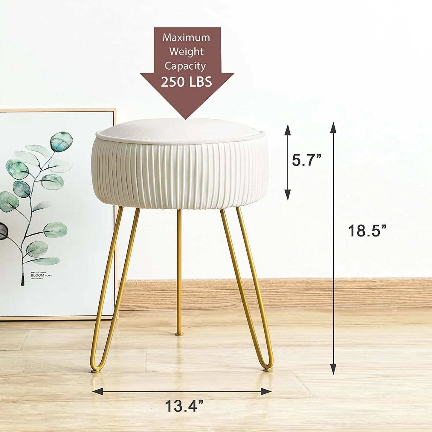 Mid Century Modern Velvet Upholstered Pleated round Footrest Stool Ottoman with Metal Legs, Home Multifunctional Luxury Ottoman Suitable for Living Room and Bedroom