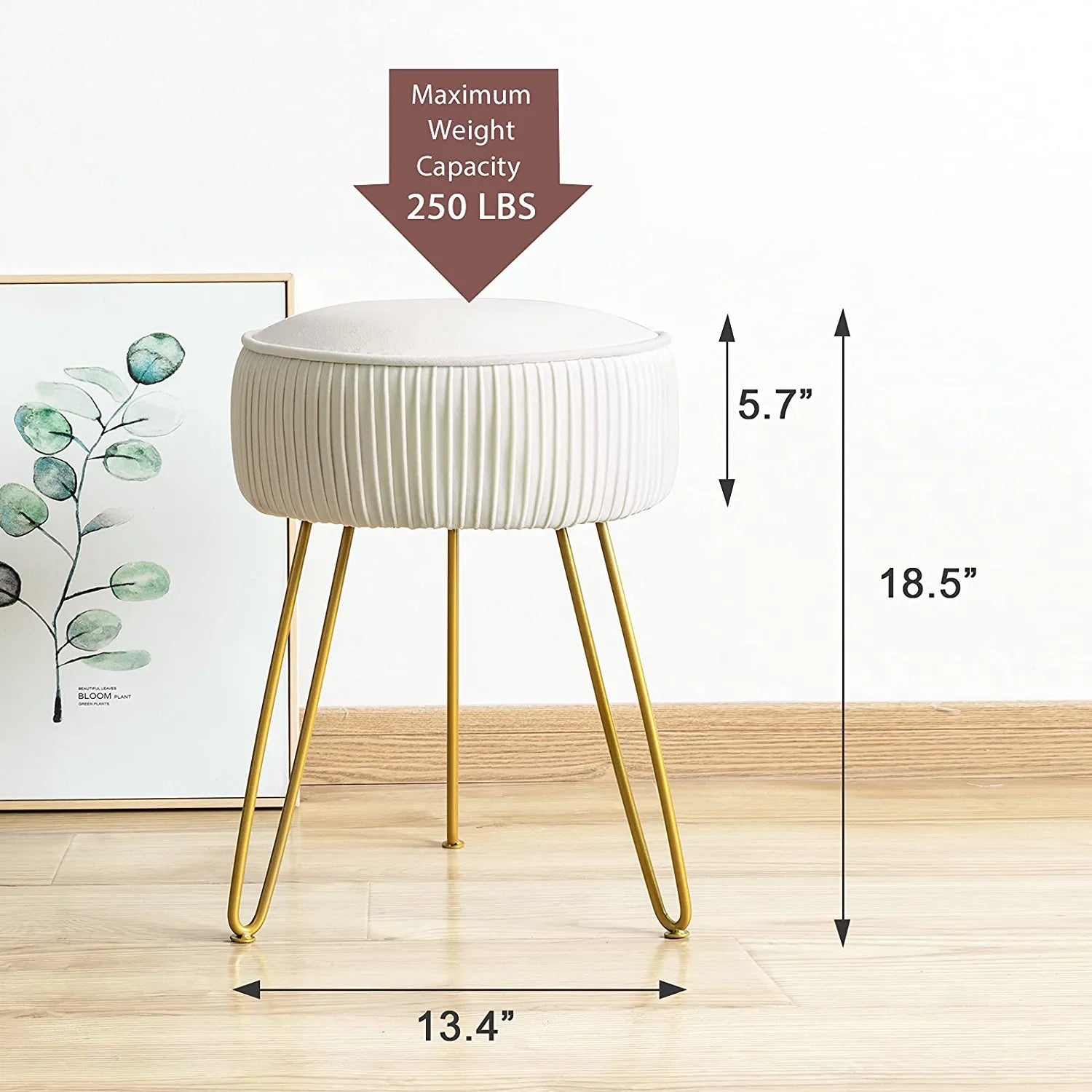 Mid Century Modern Velvet Upholstered Pleated round Footrest Stool Ottoman with Metal Legs, Home Multifunctional Luxury Ottoman Suitable for Living Room and Bedroom
