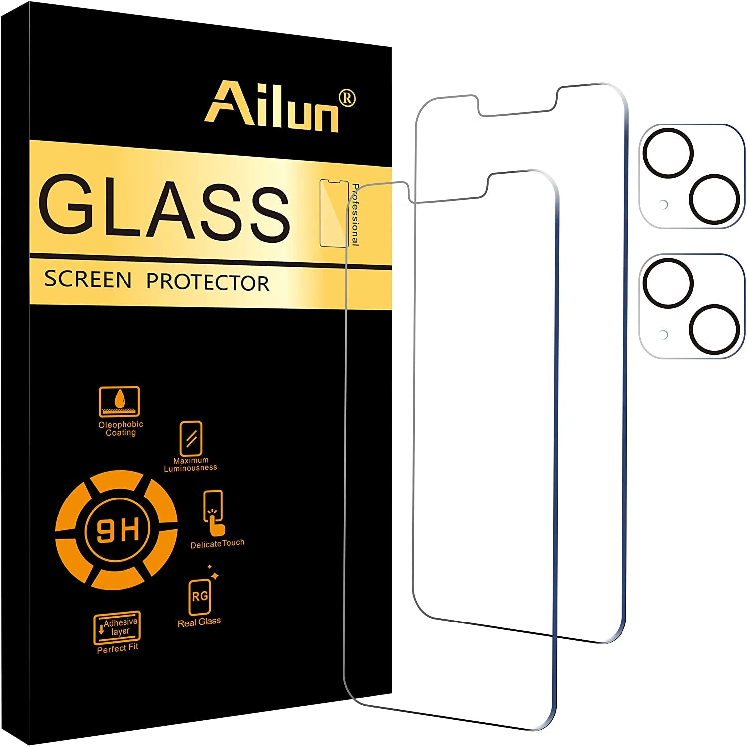 Ailun 2 Pack Screen Protector for Iphone 13 [6.1 Inch Display]With 2 Pack Tempered Glass Camera Lens Protector,[9H Hardness]-Hd