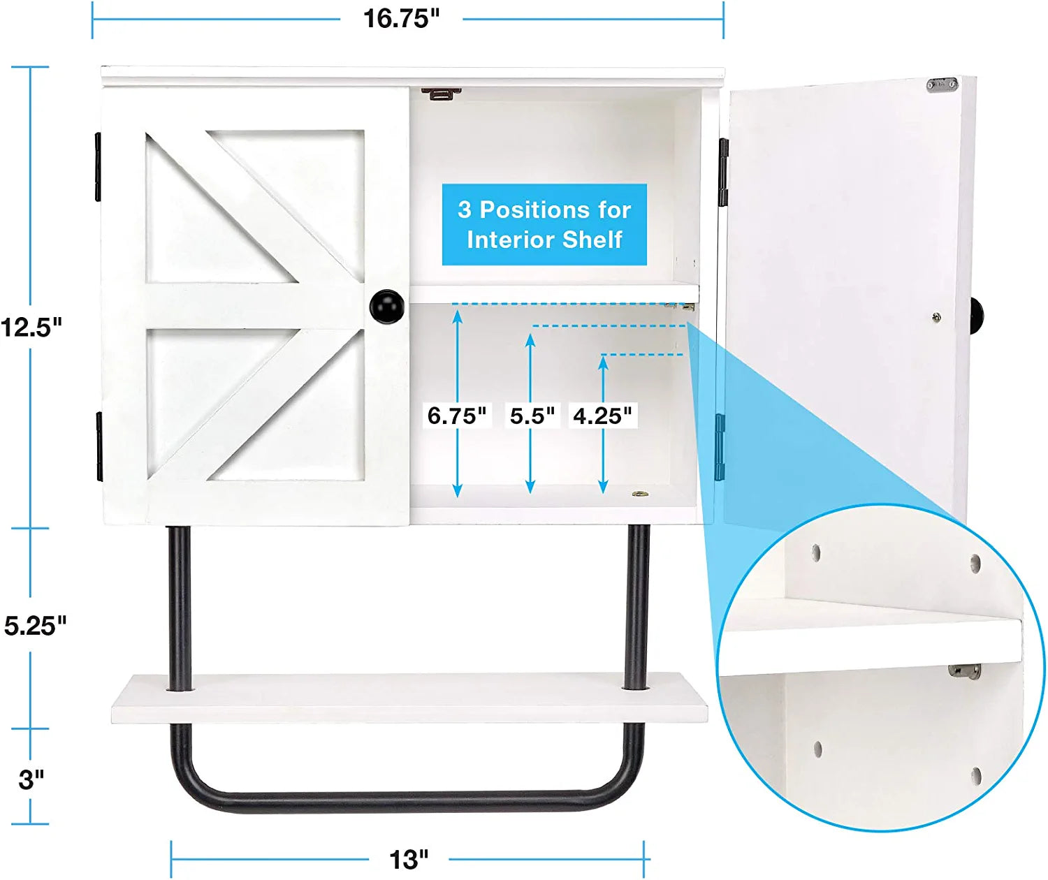 17X21” Barndoor Bathroom Wall Cabinet, Space Saver Storage Cabinet Kitchen Medicine Cabinet with Adjustable Shelf and Towel Bar, White