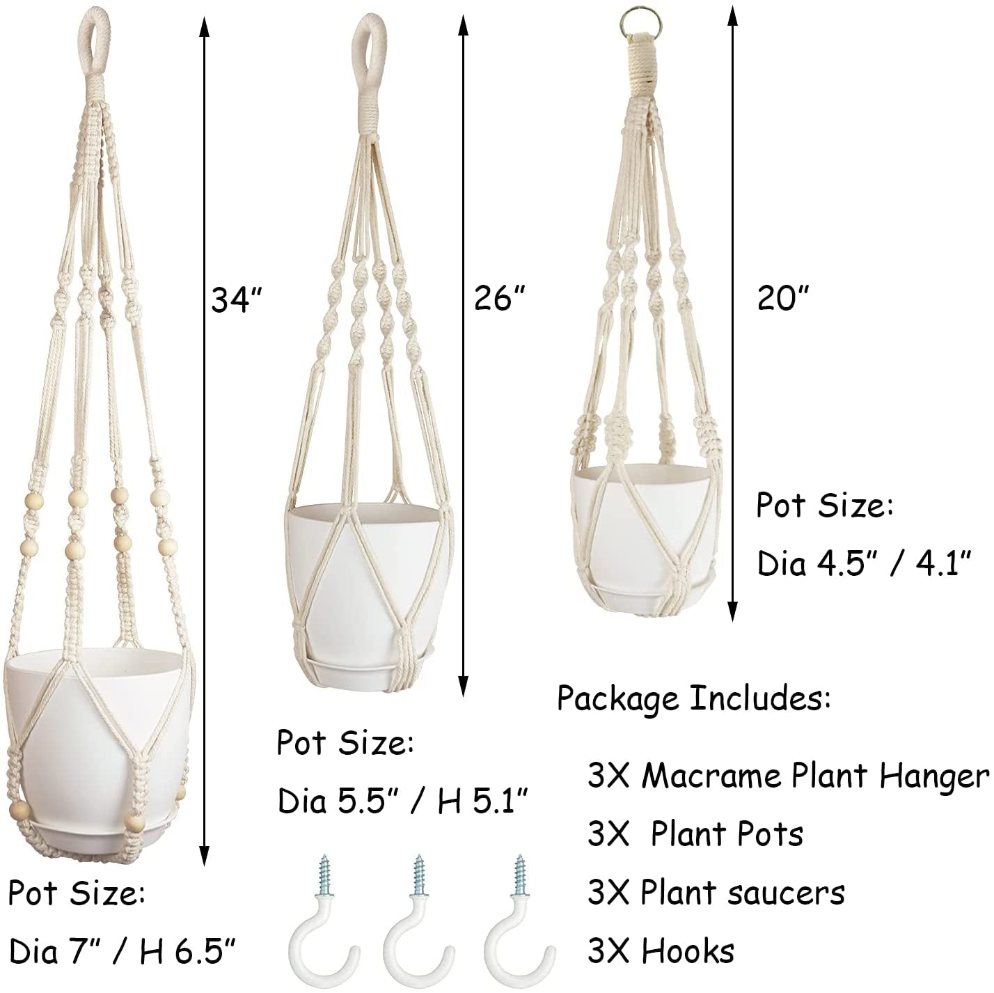 3 Pack Macrame Plant Hangers with Pots Hanging Planters for Indoor Plants Holders with Trays & Hooks 34" / 26" / 20"