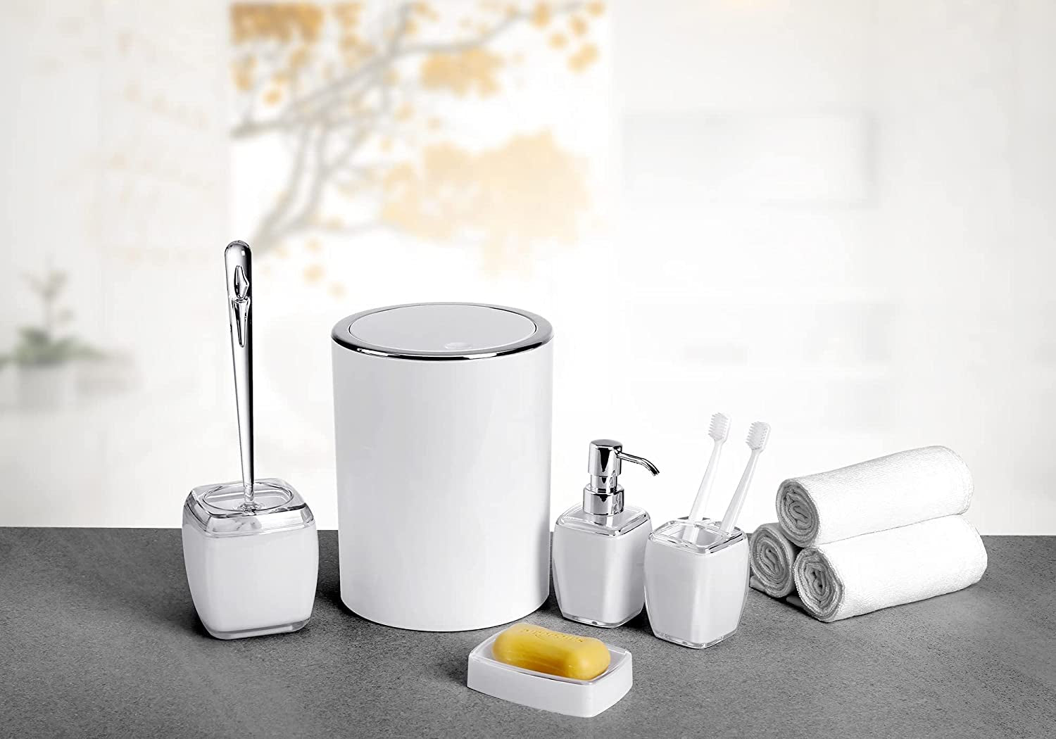 6 Pack White Acrylic Bathroom Accessories Set, Premium Acrylic Bathroom Set, White Toothbrush Holder Set