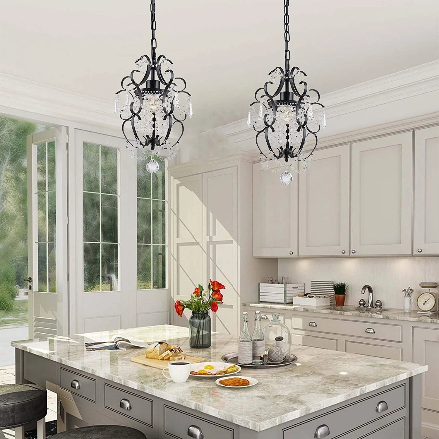 Mini Chandelier Black Crystal Chandelier 1 Light Elegant Chandelier Crystal Iron Ceiling Light Fixture for Bedroom,Farmhouse,Foyer