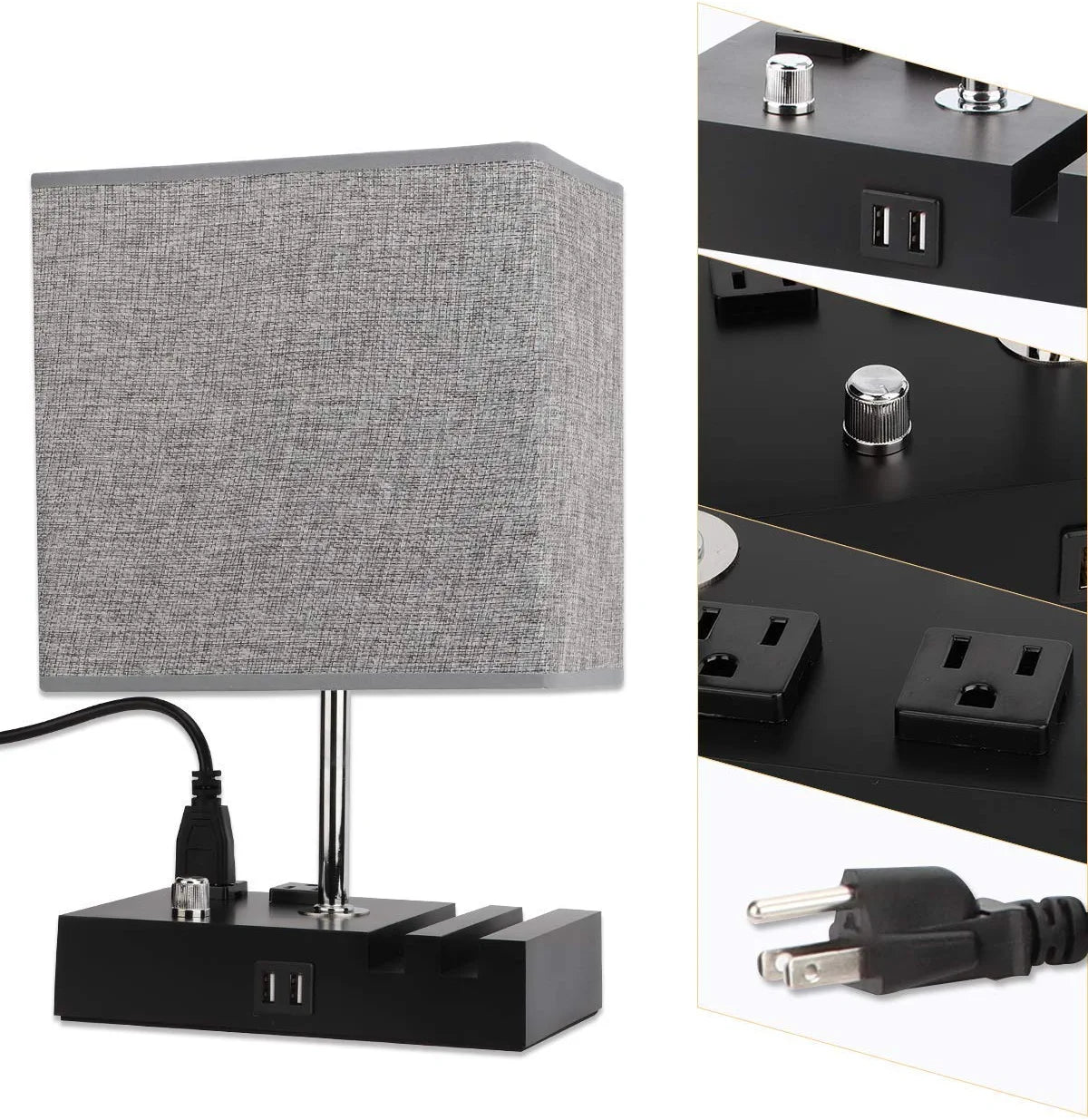 Fully Dimmable Table Lamp for Bedroom Living Room Dual USB Port -  Bedside Desk Lamp for Nightstand with Charging Station 2 Power Outlets, Grey Fabric Lampshade LED Bulb Included (Black/Grey)
