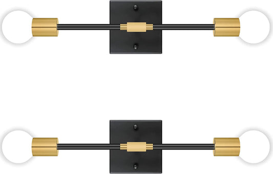 2 Pack Bathroom Vanity Light Fixtures, 2-Light Black Gold Wall Sconces Lighting Modern Wall Mounted Lamps Brushed Brass Sconces Vintage Indoor Wall Light for Mirror Hallway Kitchen Bedroom Living Room