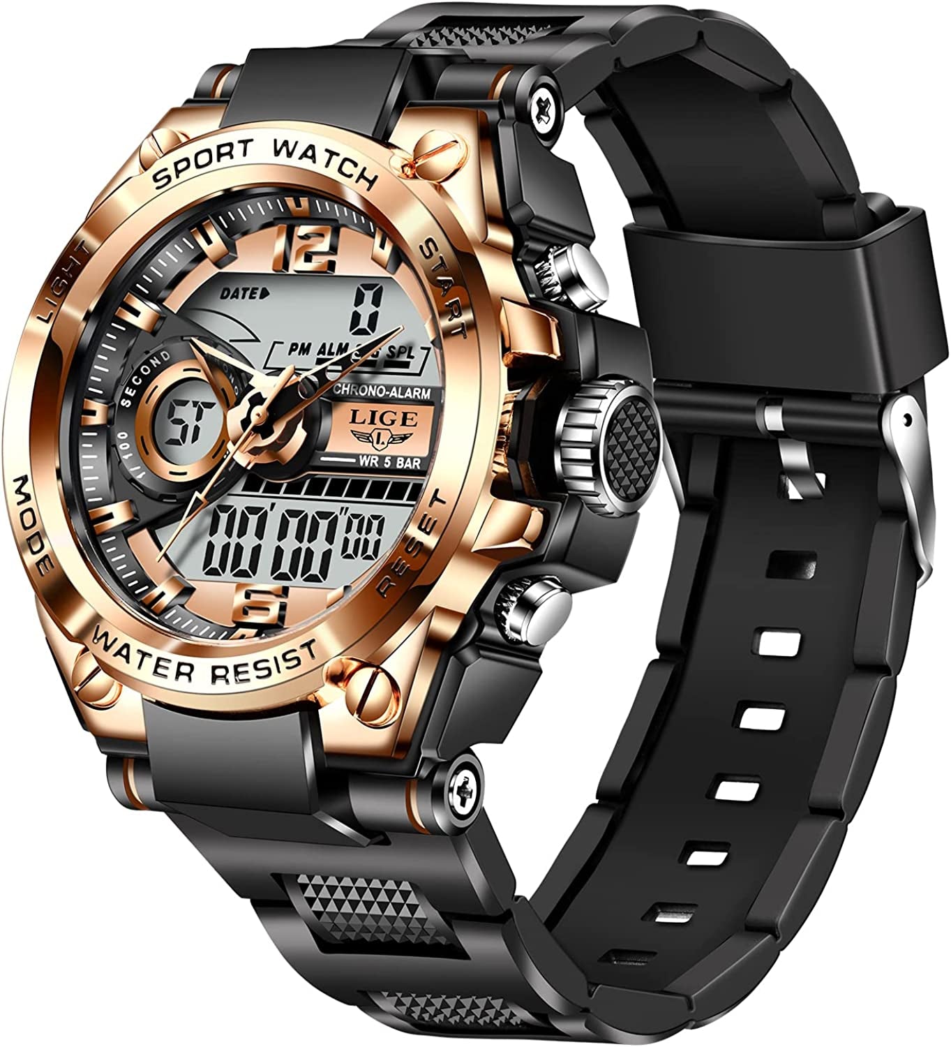 Men'S Digital Outdoor Sports Watch,Military Large Face Dial 50M Waterproof Electronic Multi Function Wrist Watches for Men Tactics LED Alarm Stopwatch