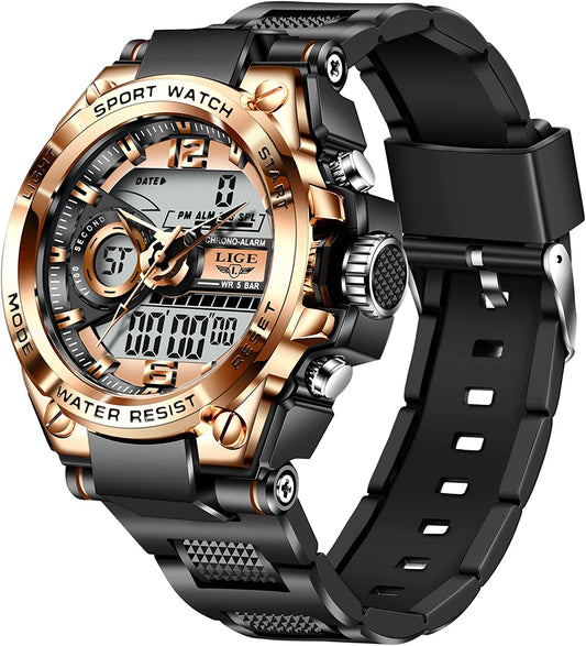 Men'S Digital Outdoor Sports Watch,Military Large Face Dial 50M Waterproof Electronic Multi Function Wrist Watches for Men Tactics LED Alarm Stopwatch