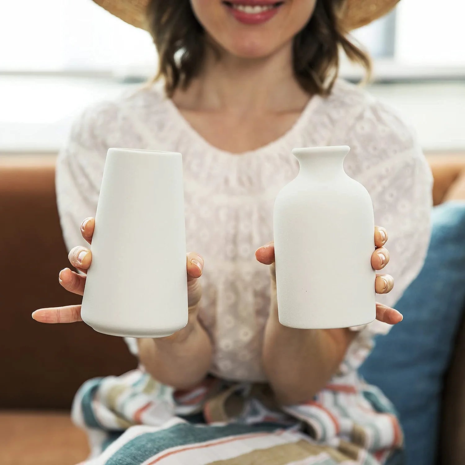 Set of 2- Classic White Ceramic Vases, Tall Vases for Flowers, for Living Room Decorations, Home Decor, Modern Farmhouses, Ideal Shelf, Table, Bookshelf, Mantle, Pampas Grass