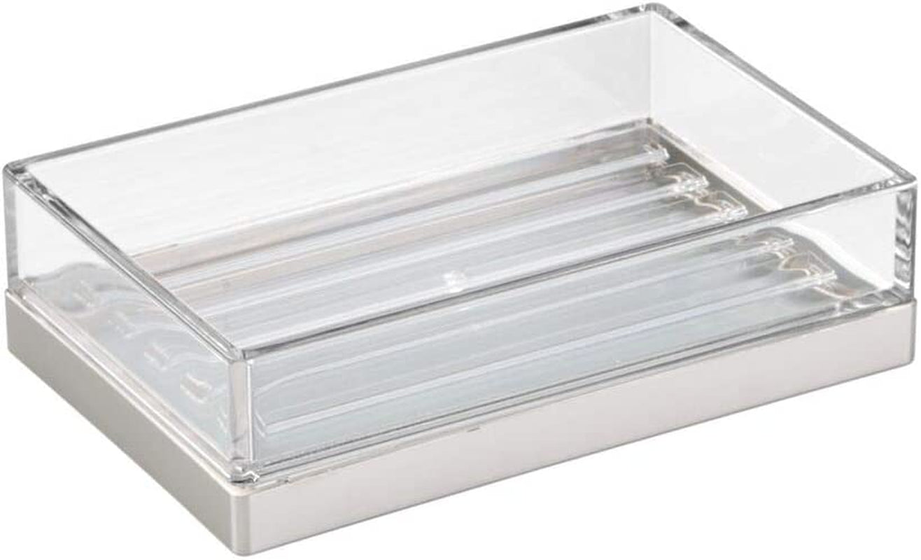 Mdesign Plastic Bathroom Vanity Counter Organizers, Dispenser Pump, Toothbrush Stand, Storage Jar, Soap Dish, for Cotton Swabs, Toothpaste, Makeup, Lumiere Collection, Clear/Brushed Chrome