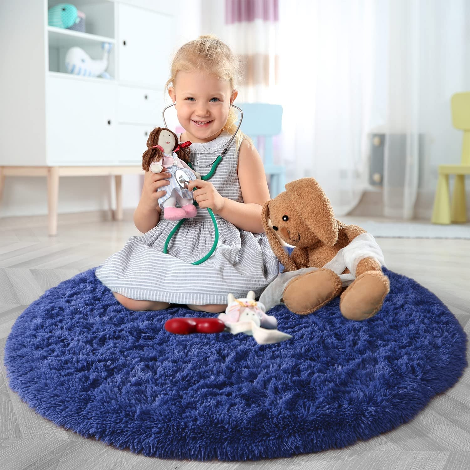 Super Soft round Rugs for Kids Room, Cute Fluffy Plush Shaggy Carpet 4X4 Feet for Girls Bedroom Dorm, Home Decor White for Bedroom, Non-Slip Modern Rugs for Living Room Light Navy