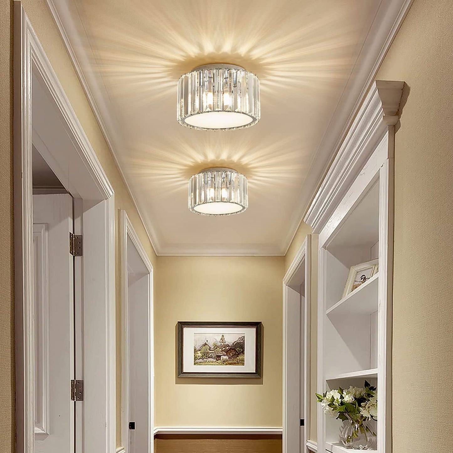 Modern Crystal Ceiling Light Fixture,  Mini Flush Mount Crystal Chandelier, H 5.89'' X W 8.66'' Small Crystal Ceiling Fixtures for Hallway Bedroom Bathroom G9 Socket