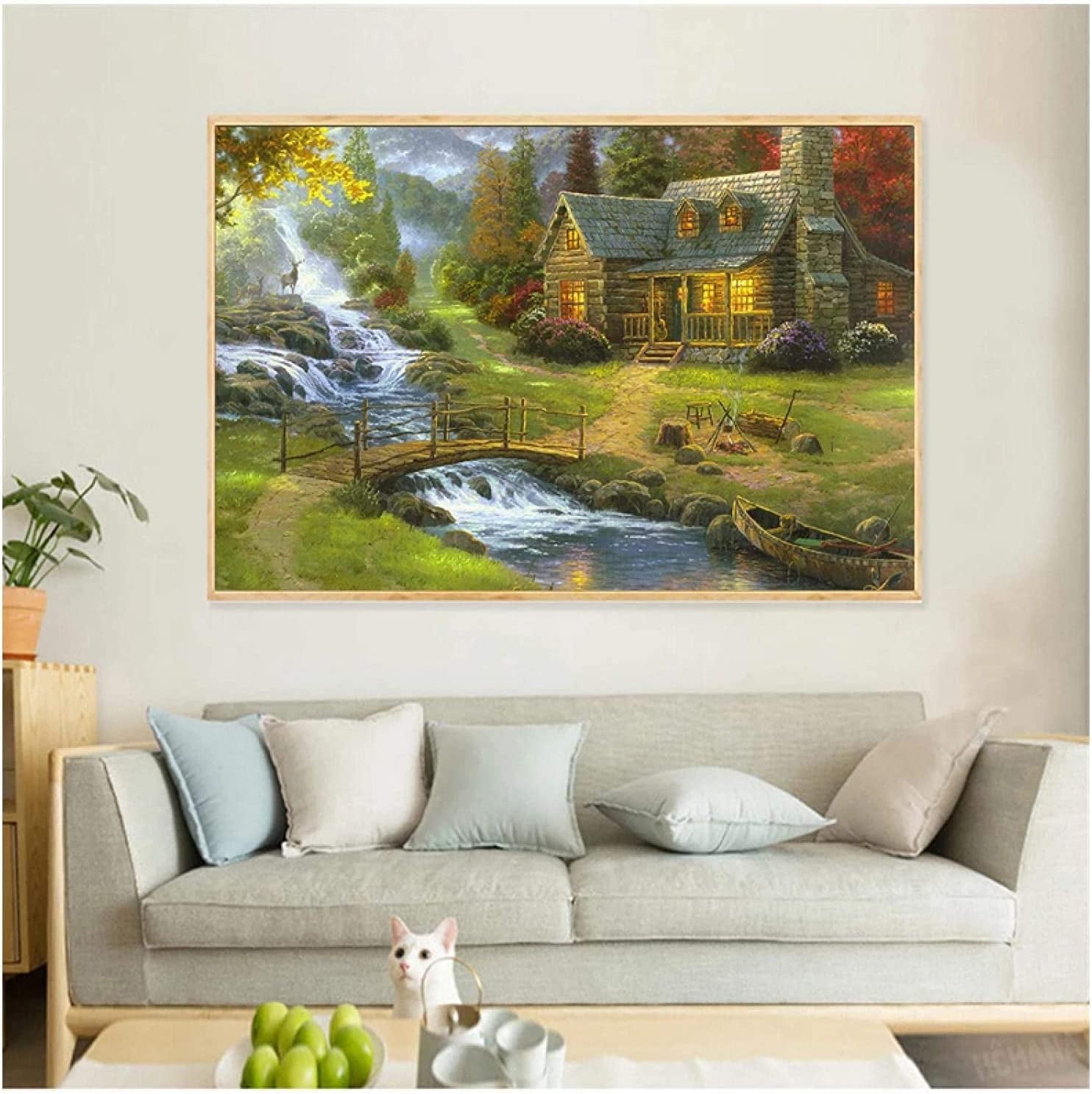 Sanwooden Thomas Kinkade Oil Painting Cathedral Mountain Lodge Landscape Bridge Posters Print on Canvas -24X36 Inch No Frame