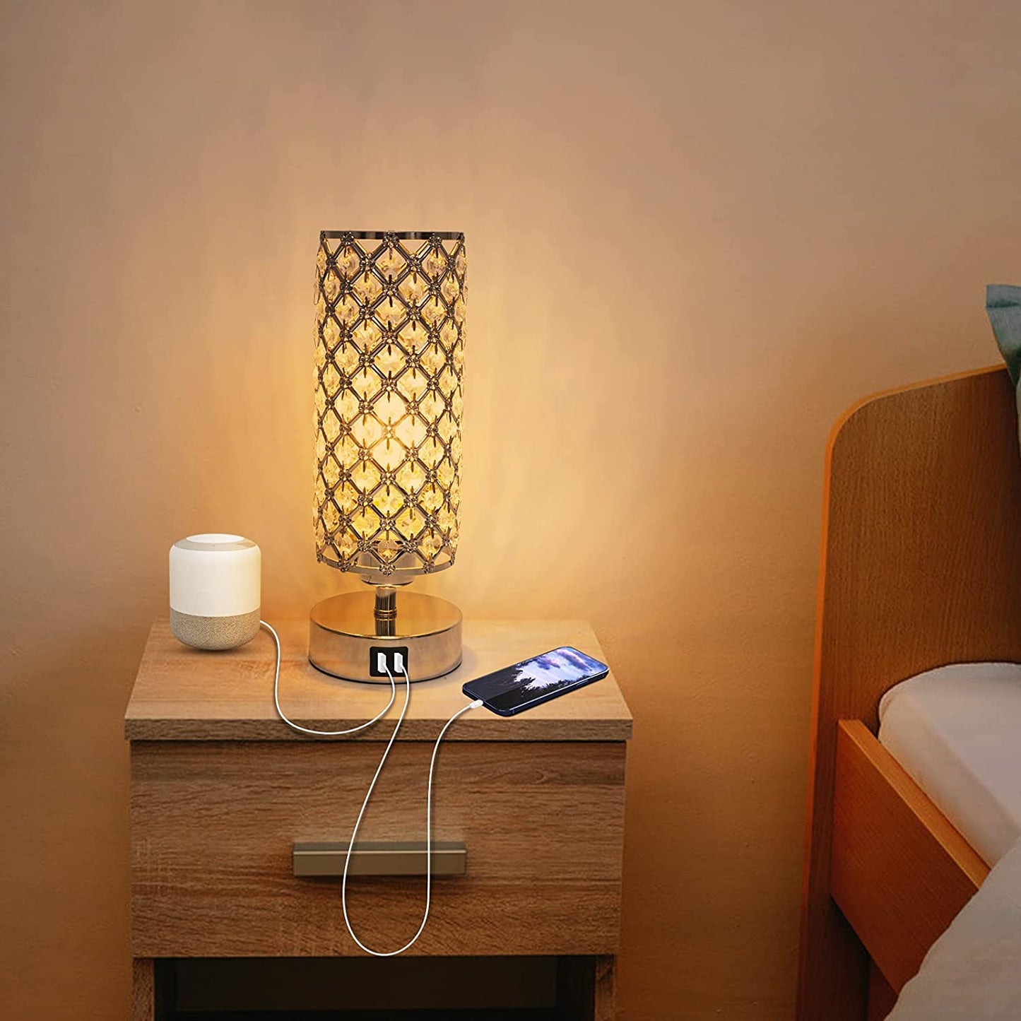 Touch Control Crystal Table Lamps Set of 2, Nightstand Sliver Lamps with 2 USB Charging Ports, Modern Dimmable Desk Lamps for Bedrooms (LED Bulb Included)