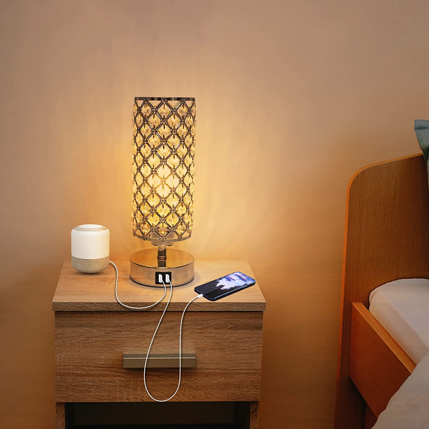 Touch Control Crystal Table Lamps Set of 2, Nightstand Sliver Lamps with 2 USB Charging Ports, Modern Dimmable Desk Lamps for Bedrooms (LED Bulb Included)